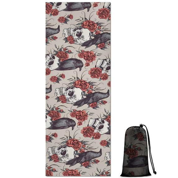 Beige Skull Crow Flower Pattern Hot Yoga Mat Towel Non Slip for Hot Yoga - Quick-Drying Yoga Mat Cover with 4 Corner Pockets with Travel Bag - Hot Yoga Towel Non Slip 74"x26"