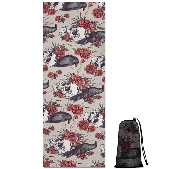 Beige Skull Crow Flower Pattern Hot Yoga Mat Towel Non Slip for Hot Yoga - Quick-Drying Yoga Mat Cover with 4 Corner Pockets with Travel Bag - Hot Yoga Towel Non Slip 70"x26"