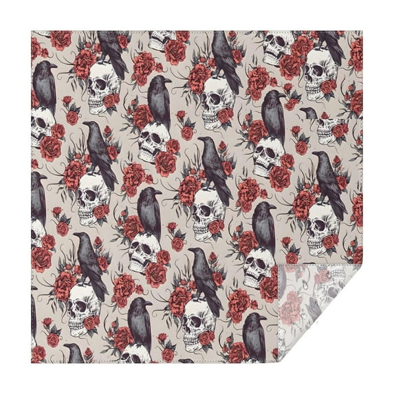 Beige Skull Crow Flower Pattern Square Tablecloth,Waterproof Square Table Cover,Wipeable Spillproof Washable Table Cover for Home Kitchen Party Decor 42"X42"(107x107cm)