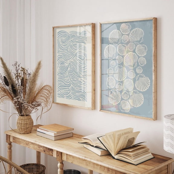 Beige Sky Blue Coastal Boho Minimalist Poster Set Home Decor Office Wall Art Set 2 Set 2