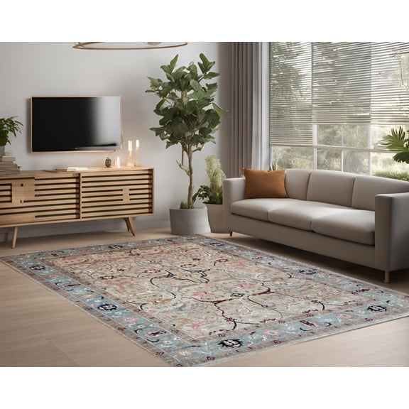 Beige  Sky Blue Premium Handwoven Pure Wool Bijar Rug, 8ft 8in x 11ft 6in