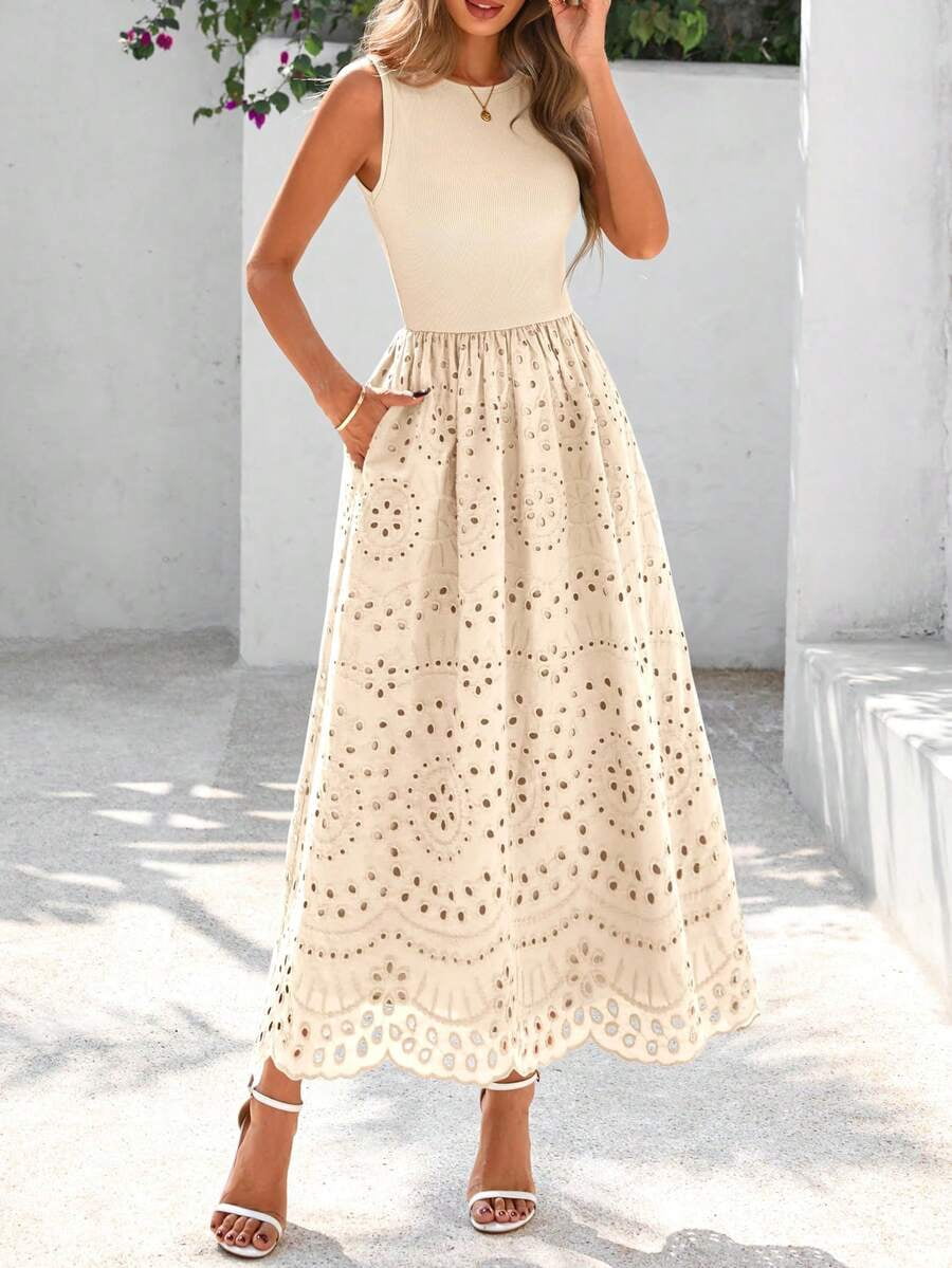 Beige Sleeveless Crew Neck Lace Eyelet A-Line Flowy Tank Maxi Dress ...