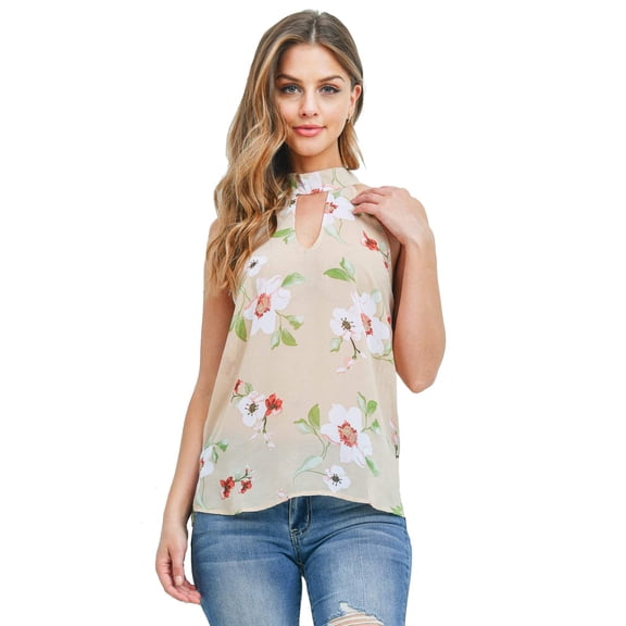 Beige Sleeveless Floral Print Keyhole Halter Top Size Small