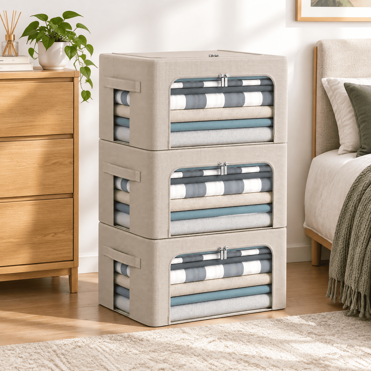 Stackable Paper Storage Containers Beige Small-22L 3-Pack Oxford Fabric Foldable Stackable Storage ...