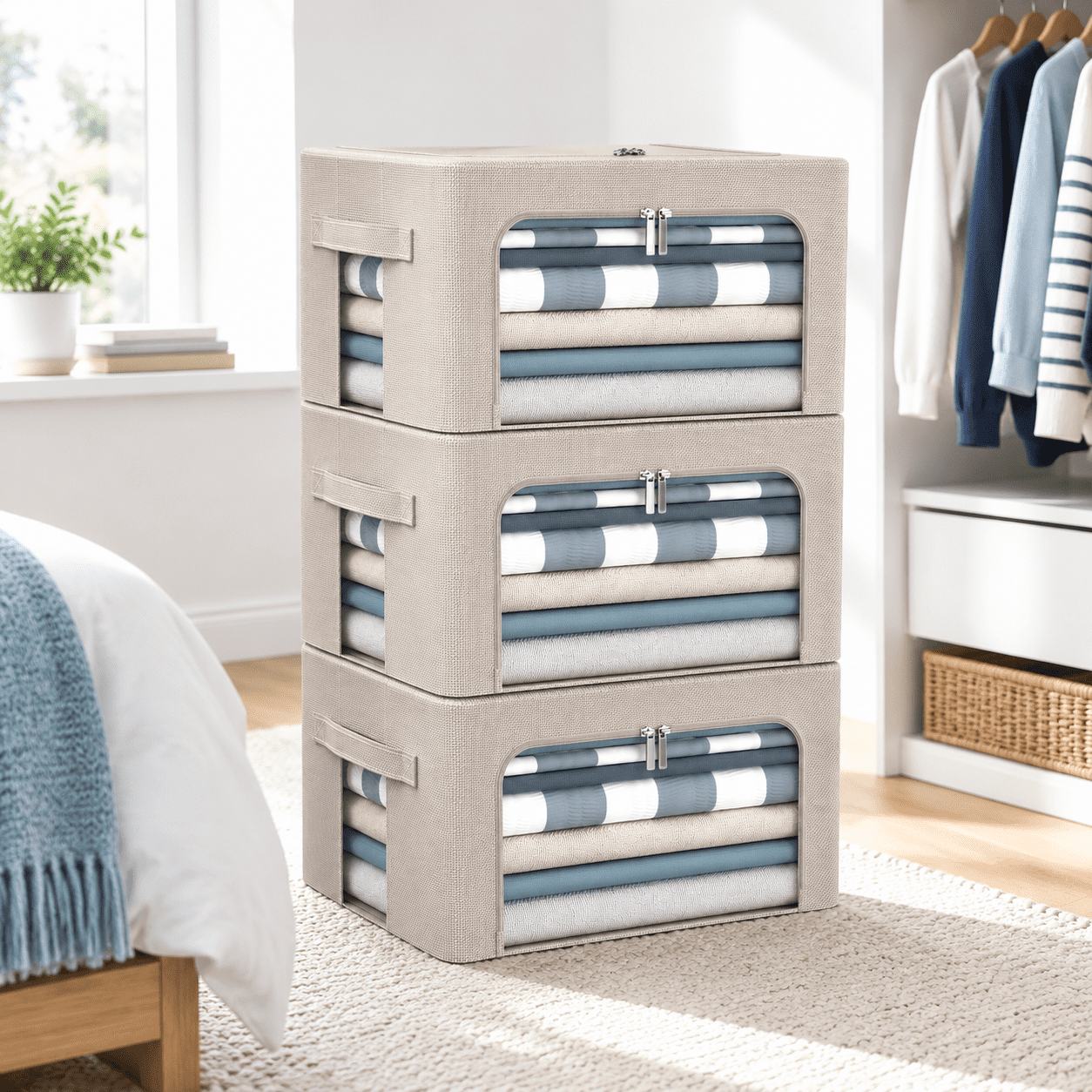 Beige Small-22L 3-Pack Oxford Fabric Foldable Stackable Storage ...