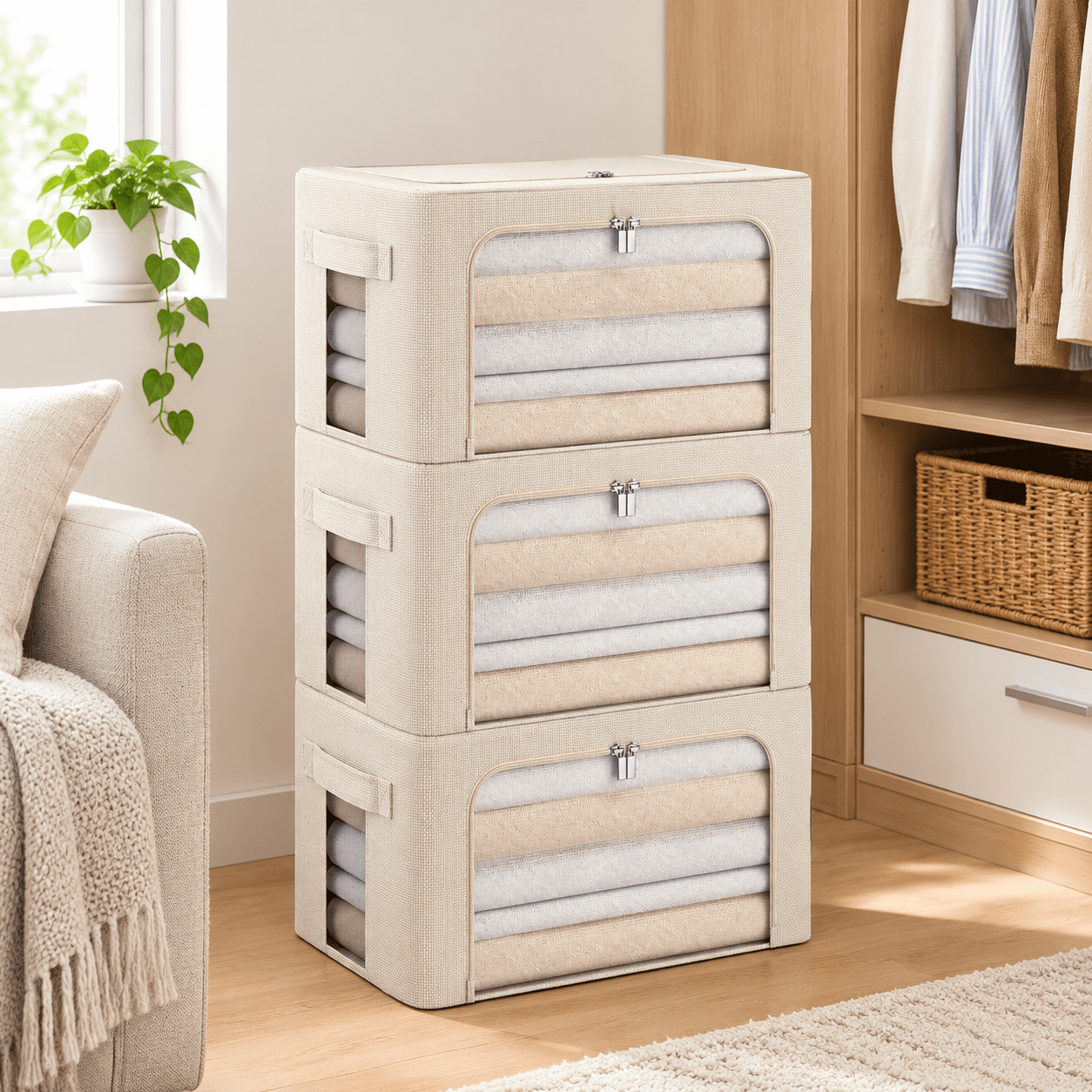 Beige Small-36L 3-Pack Oxford Fabric Foldable Stackable Storage ...