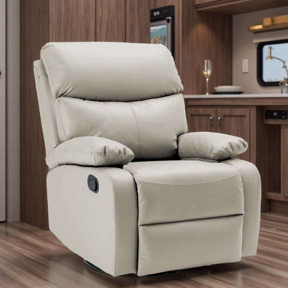 Beige Small Genuine Leather Recliner Chair with Swivel & Rocking Motion, Space-Saving Modern Armchair for Apartments, RVs & Nurseries