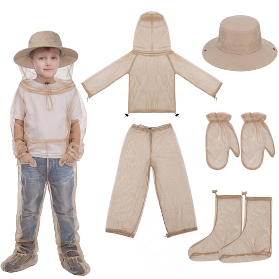 Beige Small Mosquito Net Suit Jacket Pants Mitts Socks Outdoor Camping Hiking