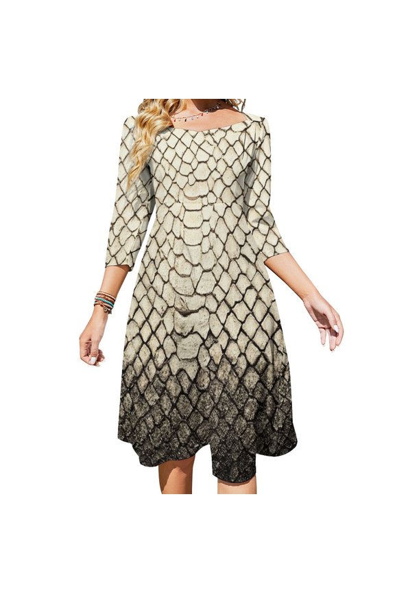 Beige Snakeskin Textured Background Sweetheart Knot Flared Dress Fashion Design Large Size Loose Dress Spring Summer Women Dress
