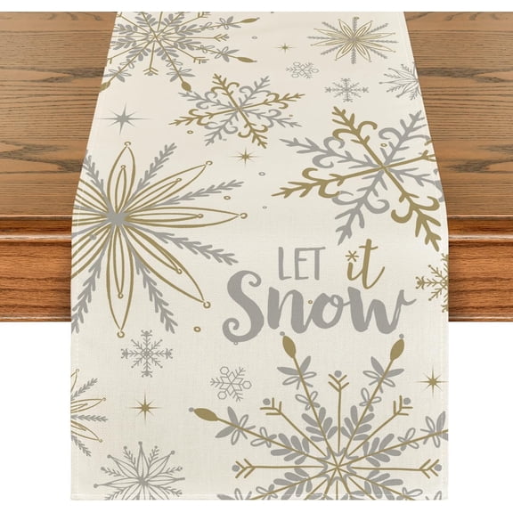 Beige Snowflake Let It Snow Winter Table Runner, Seasonal Christmas Kitchen Dining Table Decoration for Home Party Decor 13x48 Inch