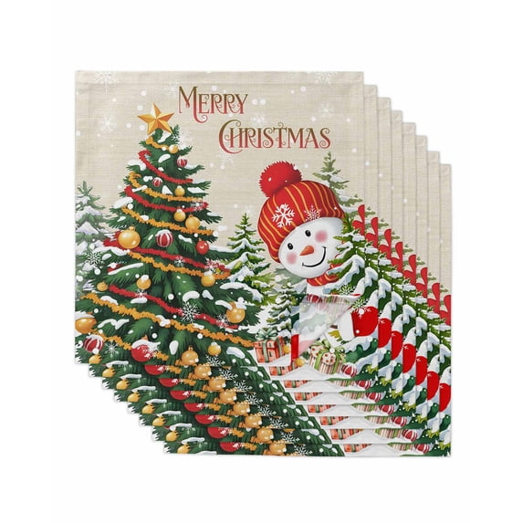 Beige Snowman Christmas Cloth Napkins Set of 8 Reusable Dinner Napkins, Xmas Tree Snowflake Winter Rustic Cocktail Napkin Washable Table Napkins for Wedding/Holiday Party/Baby Shower 20"x20"