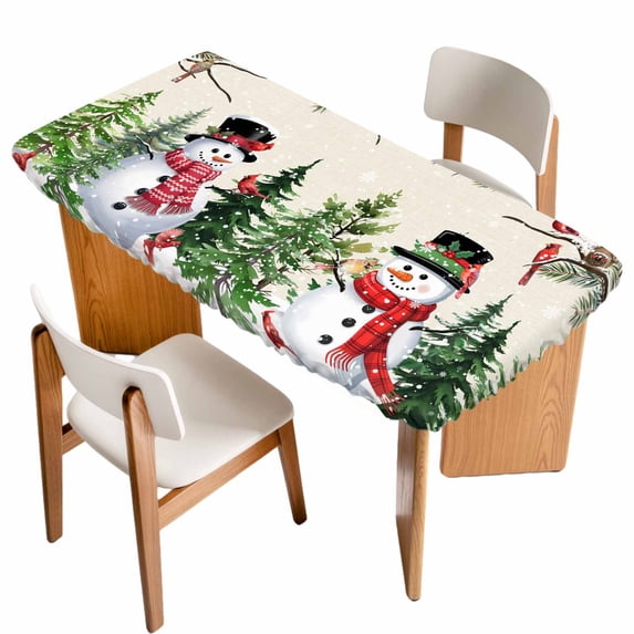Beige Snowman Christmas Table Cloths for 4 Foot Rectangle Tables, Xmas Tree Snowflake Winter Birds Patio Waterproof Elastic Fitted Tablecloths, Washable Rectangular Table Cover for Camping
