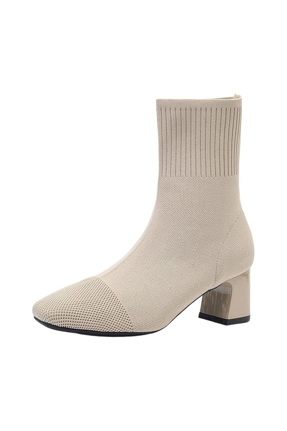 Beige Sock Boots For Womens Knitted Elastic Ankle Pointed Toe High Heel Stylish Everyday Shoes For Casual Wear And Daily Activities Size 37