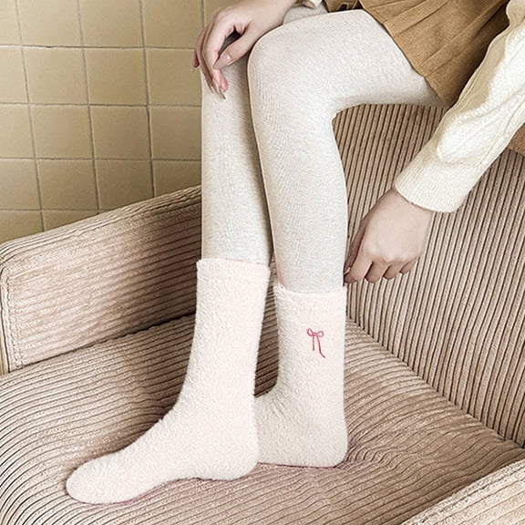 Beige Socks Ladies' Mink Fleece Socks Cold and Warm Keeping Korean Style Bow Decorated Mid Calf Socks Home Plush Sleep Socks