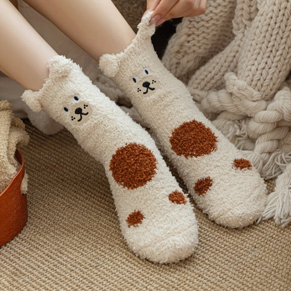 Beige Socks Thickened and Warm Coral Fleece Socks for Women In Autumn and Winter Mid Length Socks with Embroidered Floor Socks