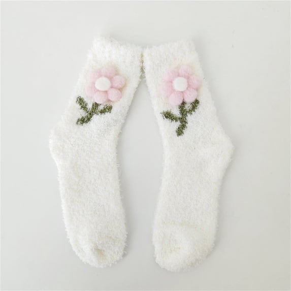 Beige Socks for Women's Winter Thickened Non Shedding Home Sleeping Socks with Small Flowers Warm Mid Calf Coral Velvet Floor Socks on Sale Clearance
