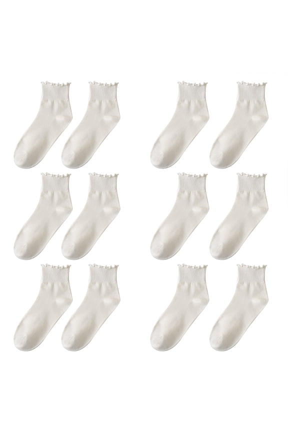 Beige Socks for Womens Socks Ruffle Turn Cuff Casual Ankle Socks Breathable Cool Knit Cotton Lettuce Crew Frilly Sock 6 Pairs