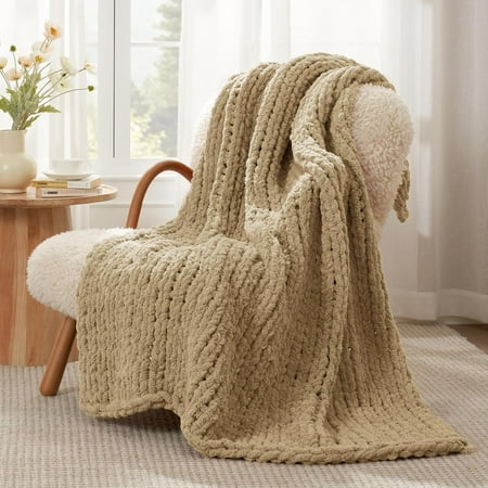 Beige Soft Chenille Chunky Knit Throw Blanket 50x60 For Comfortable Seating