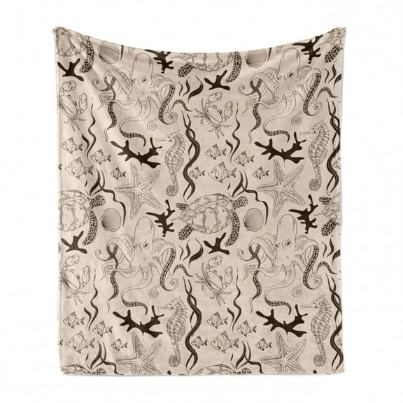 Beige Soft Flannel Fleece Blanket, Contemporary Illustration of Marine Animals in Retro Style Octopus Crab Seahorse Art, Cozy Plush for Indoor and Outdoor Use, 50" x 60", Beige Brown, by Ambesonne