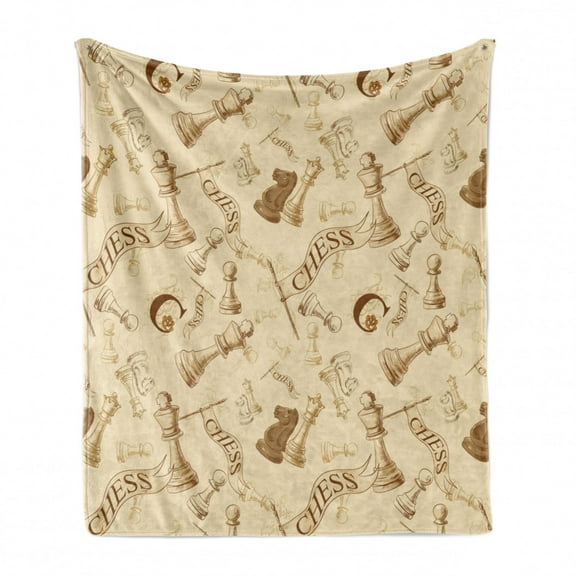 Beige Soft Flannel Fleece Blanket, Various Sized Chess Game Pieces Players in Vintage Style Retro Background Urban Bohemian, Cozy Plush for Indoor and Outdoor Use, 50" x 60", Beige, by Ambesonne