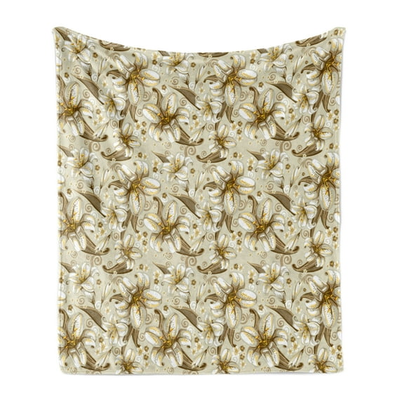 Beige Soft Flannel Fleece Blanket, Wild Distressed Lilies Floral Background Blooming Petals Bouquet Nature Theme, Cozy Plush for Indoor and Outdoor Use, 70" x 90", White Yellow Beige, by Ambesonne