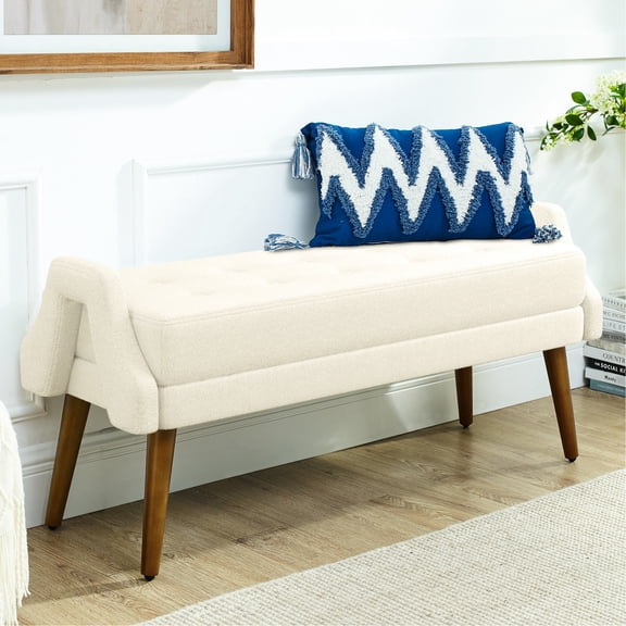 Beige, Soft - cushioned Bench with Stable Rubber Wood Legs - For Modern Home, Simple and Smooth Design