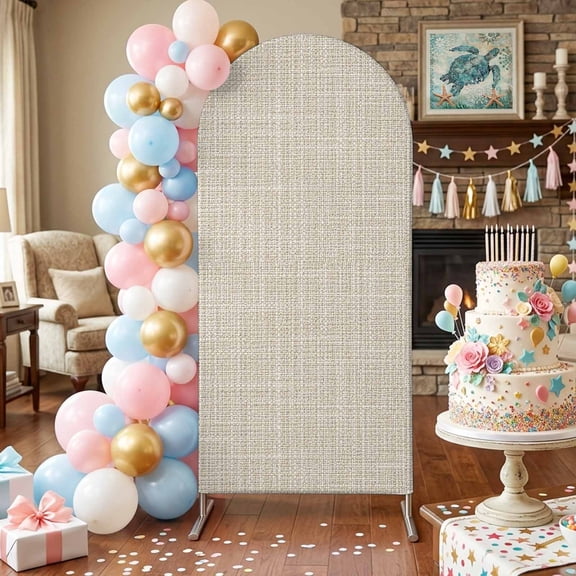 Beige Solid Arch Backdrop Covers 4 FT, Minimalist Cloth Cream Khaki Linen Texture Rustic Stretchy Fitted Arched Stand Covers Party Arch Stand Cover Photo Booth for Wedding Birthday Decor