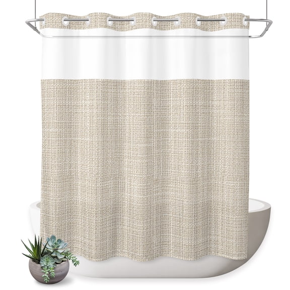 Beige Solid No Hook Shower Curtain Minimalist Cloth Cream Khaki Linen Texture Rustic Shower Curtain with See Through Top Window, Waterproof Washable Fabric Curtain for Bathroom Hotel Decor, 72Wx72L