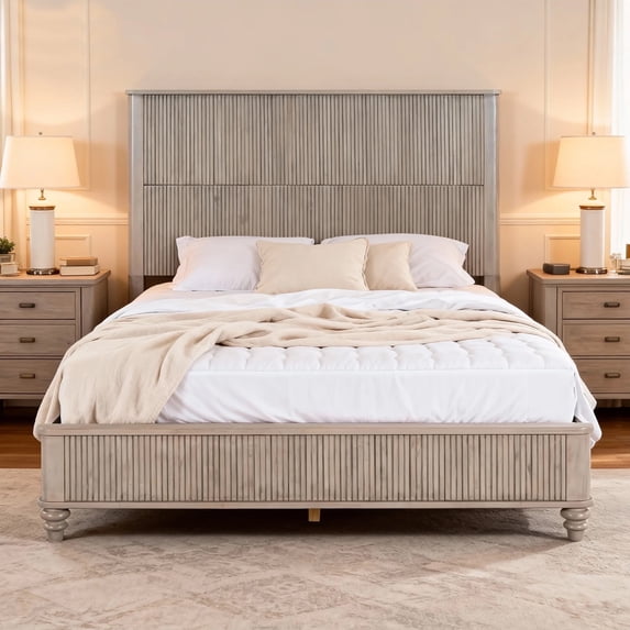 Beige Solid Wood Queen Platform Bed Frame with Tall Headboard, Sturdy Natural Wood Bed, No Box Spring Required