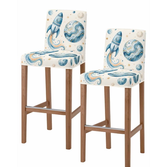 Beige Space Rocket Bar Stool Covers Set of 2, Modena Abstract Universe Planet Stretch Washable Bar Chair Covers with Backs, Removable Pub Counter Height Chair Cover for Kitchen Dining Room Cafe