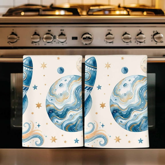 Beige Space Rocket Kitchen Towels Set of 1, Modena Abstract Universe Planet Absorbent Dish Towels for Kitchen, Microfiber Hand Towel, Quick Drying Tea Towel for Cleaning Decorative Dishcloths