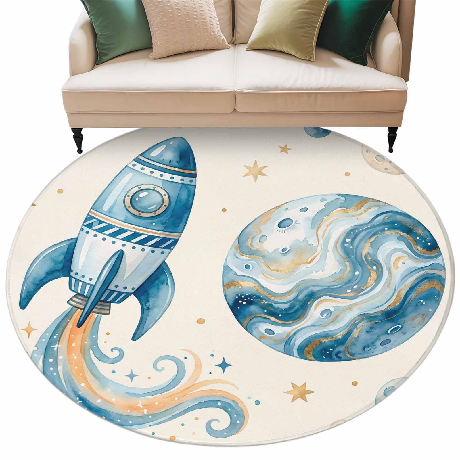 Universe Rug Beige Space Rocket Round Rug 6ft Washable Circle Kitchen Rugs Non Slip ...