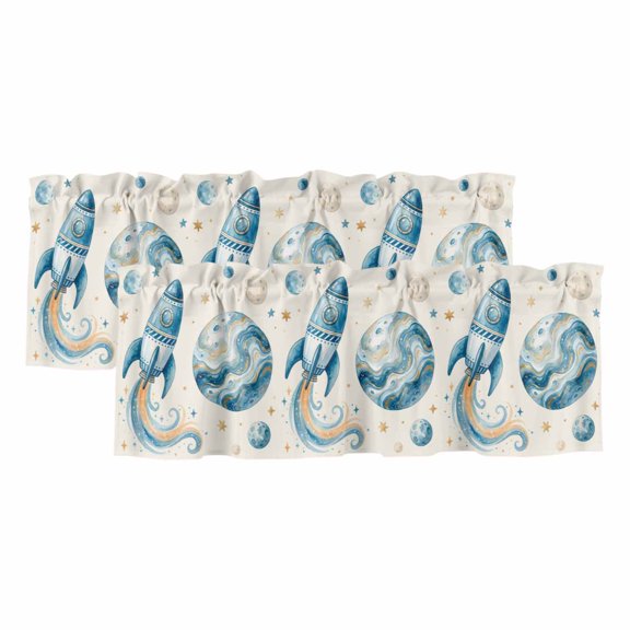 Beige Space Rocket Valances for Windows, Decorative Rod Pocket Window Valance Curtains, Modena Abstract Universe Planet Short Curtain Drapes for Kitchen/Bathroom/Living Room, 2 Panels, 42" W x 12" L