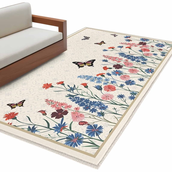 Butterfly Runner Rug Beige Spring Floral Butterfly Area Rugs Collection 4'x6', Farmhouse ...