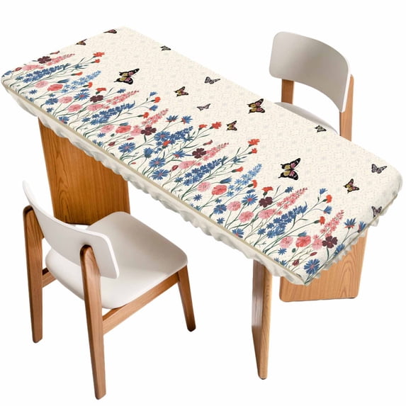 Beige Spring Floral Butterfly Table Cloths for 8 Foot Rectangle Tables, Farmhouse Flowers Botanical Patio Waterproof Elastic Fitted Tablecloths, Washable Rectangular Table Cover for Camping