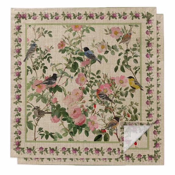 Beige Spring Floral Cloth Napkins, Elegant Pastoral Flowers Birds Watercolor Washable and Reusable Dinner Napkins Set of 2, Table Napkin for Kitchen Party Birthday Wedding Hotel Housewarming 20"x20"