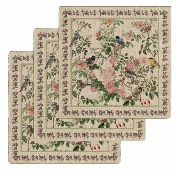 Beige Spring Floral Kitchen Dish Towels for Drying Dishes Set of 3, Elegant Pastoral Flowers Birds Watercolor Waffle Weave Microfiber Hand Tea Bathroom Towels Quick Dry & Absorbent Towel 12x12