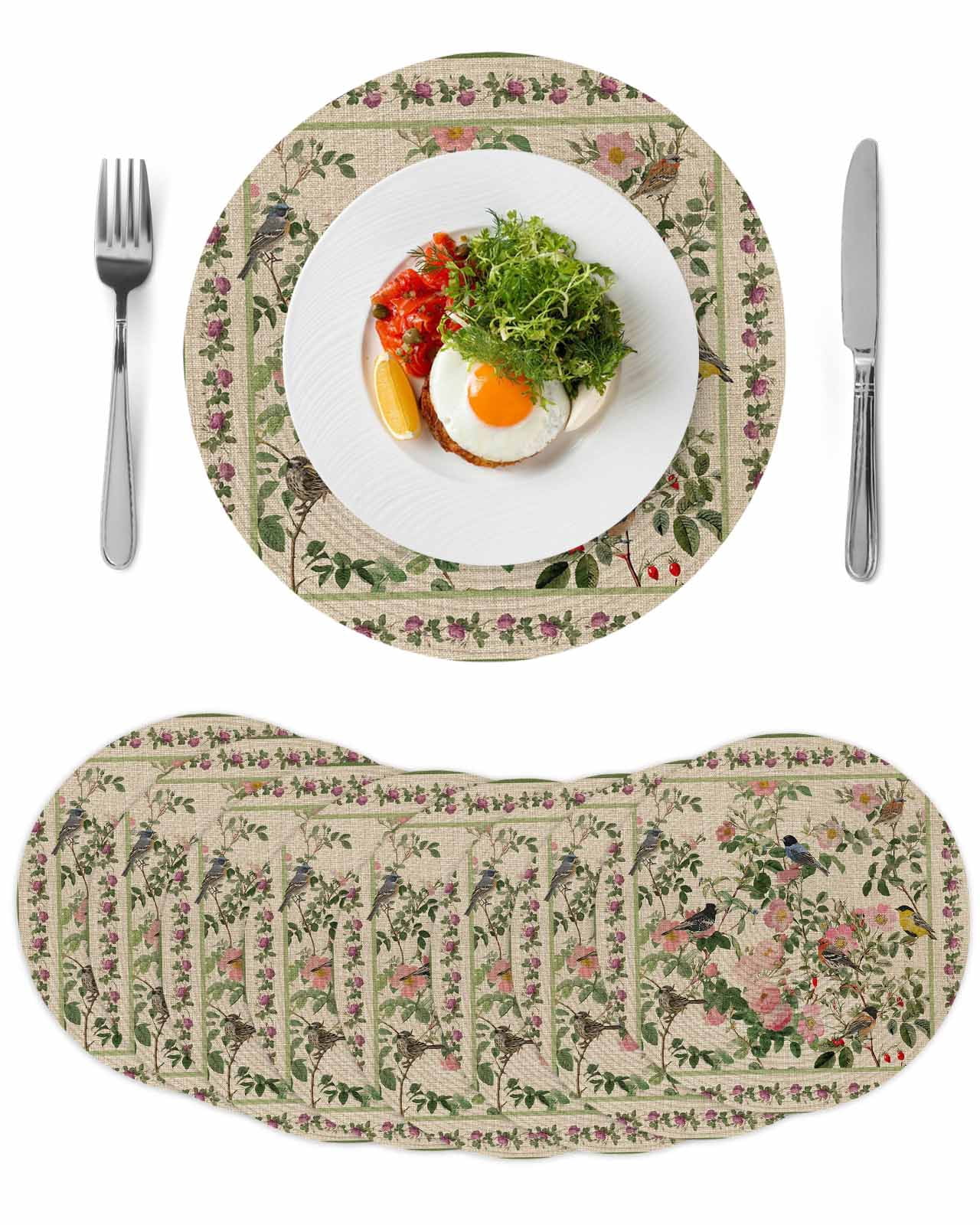 Beige Spring Floral Round 13 Inch Placemats Set of 8, Elegant Pastoral ...