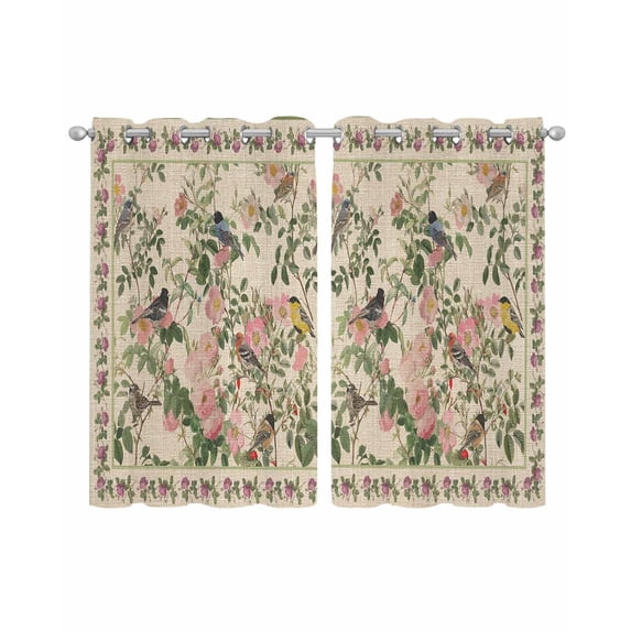 Beige Spring Floral Sheer Curtains 39 Inch Length 2 Panels Set for Living Room/Bedroom, Elegant Pastoral Flowers Birds Watercolor Kitchen Curtains Grommet Curtains Window Treatments 27.5"x39"x2