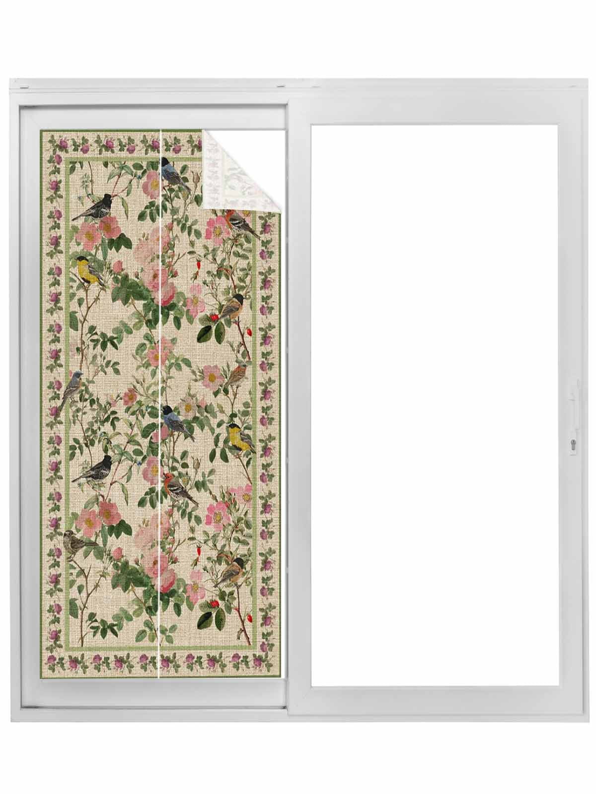 Beige Spring Floral Window Privacy Film, Elegant Pastoral Flowers Birds ...