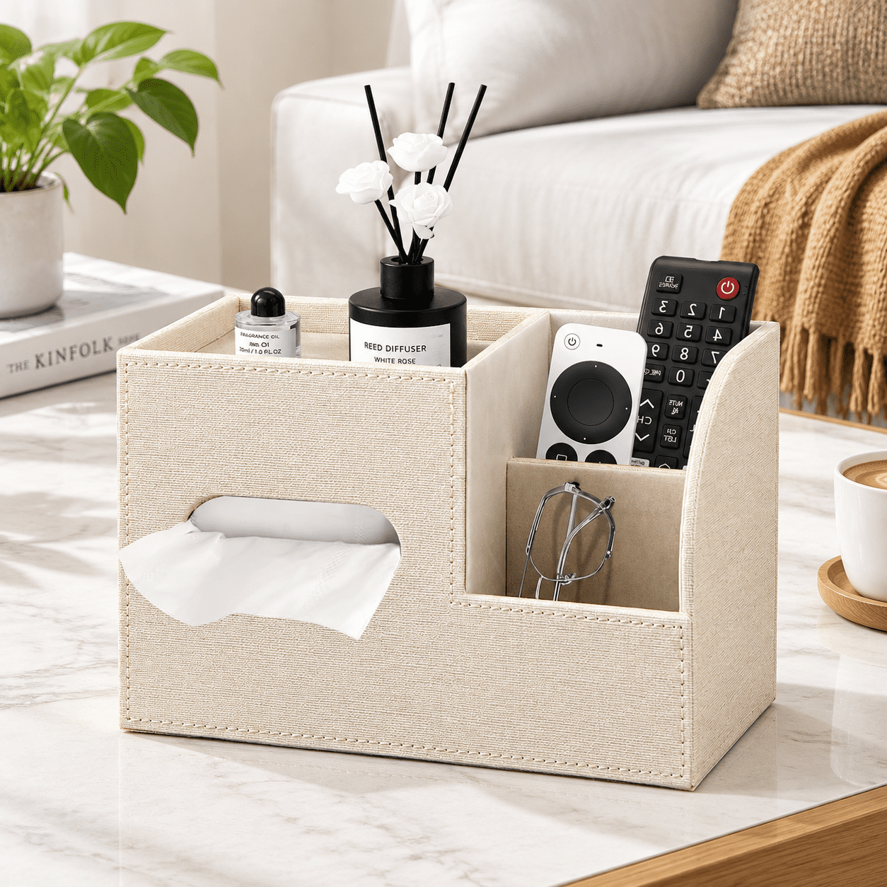 Beige Square Cube Tissue Box Cover with Top Storage Tray for Standard ...