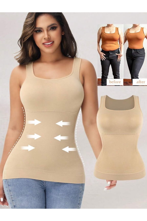 Beige Square Neck Compression Cami With Firm Tummy Control Shapewear Vest