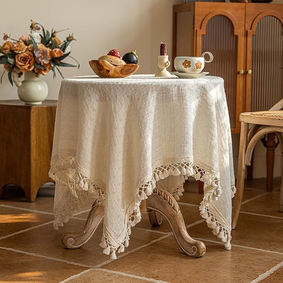 Beige Square Tablecloth with Tassels, Weave Textured Cotton Linen Table Cloths Rustic Farmhouse Table Cover Shabby Chic Tabletop Decoration, 35x35 inch