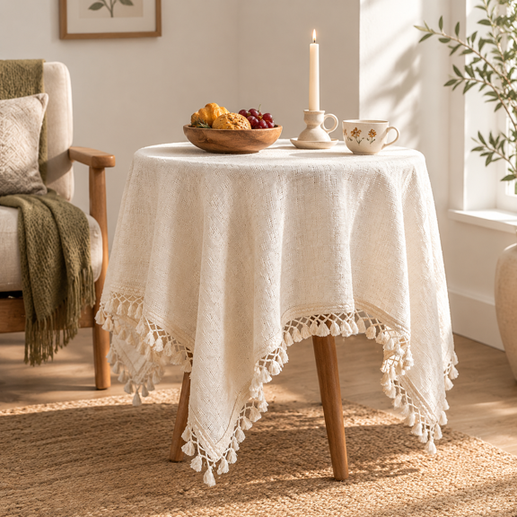 Beige Square Tassel Tablecloth, 48x48 Inch, Woven Textured Linen