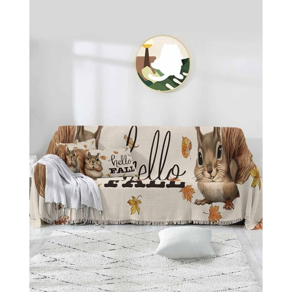 Beige Squirrel Sofa Couch Covers for 3 Cushion Couch,Washable L Shape Sectional Sofa Covers for Loverseat/Pet/Kid,Thanksgiving Country Farmhouse Maple Leaf Slipcover Throw Blanket Futon Cover 71x134
