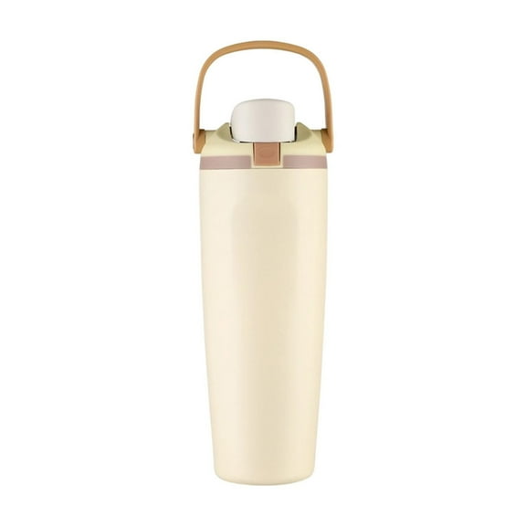 Beige Stainless Steel Water Cup With Handle 30Oz Double Drink Mode Portable Insulated Thermos For Travel Car Office Outdoor Sports Tea Infuser Leak Proof 1.13 Lb