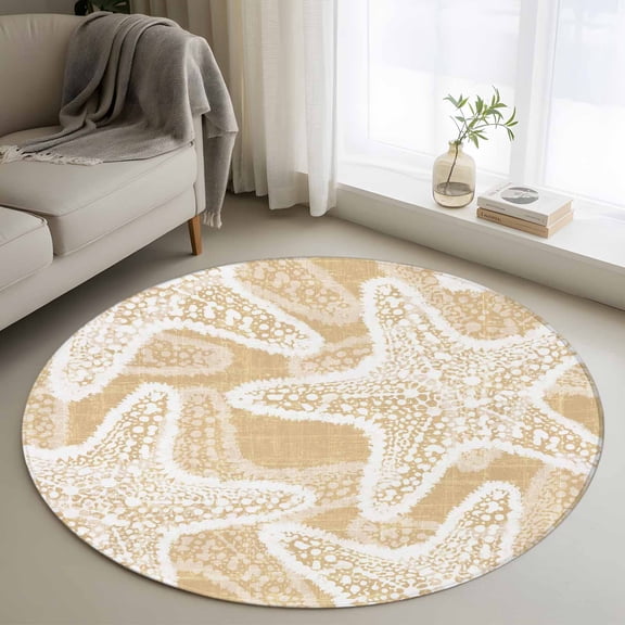Beige Starfish 3.3' Round Rug for Bedroom Reading Corner, Coastal Summer Ocean Beach Nautical Modern Washable Non Slip Circle Area Rug