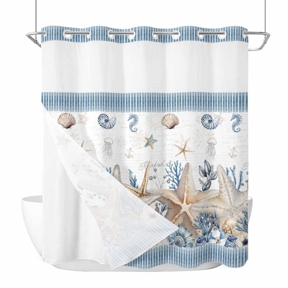 Beige Starfish Coastal No Hook Shower Curtain with Snap in Liner, Waterproof Fabric Shower Curtains, Blue Summer Beach Coral Shell Nautical Shower Curtain Set Top See Through for Bathroom 66"x72"