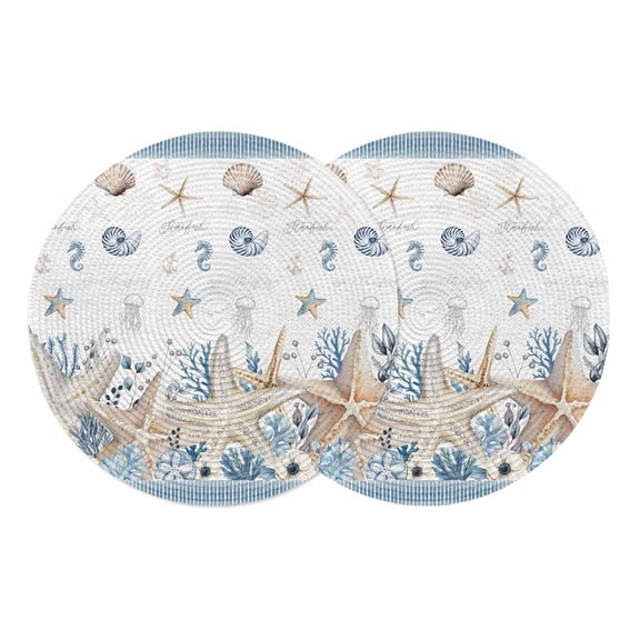 Beige Starfish Coastal Round 13 Inch Placemats Set of 2, Blue Summer Beach Coral Shell Nautical HeatResistant Non Slip Place Mats for Dining Table, Wipeable Kitchen Table Mats for Housewarming