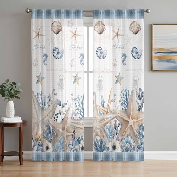 Beige Starfish Coastal Sheer Curtains 96 Inch Length 2 Panels Set, Blue Summer Beach Coral Shell Nautical Voile Window Treatment Semi Sheer Long Curtains for Bedroom/Living Room/Kitchen 52"x96"x2